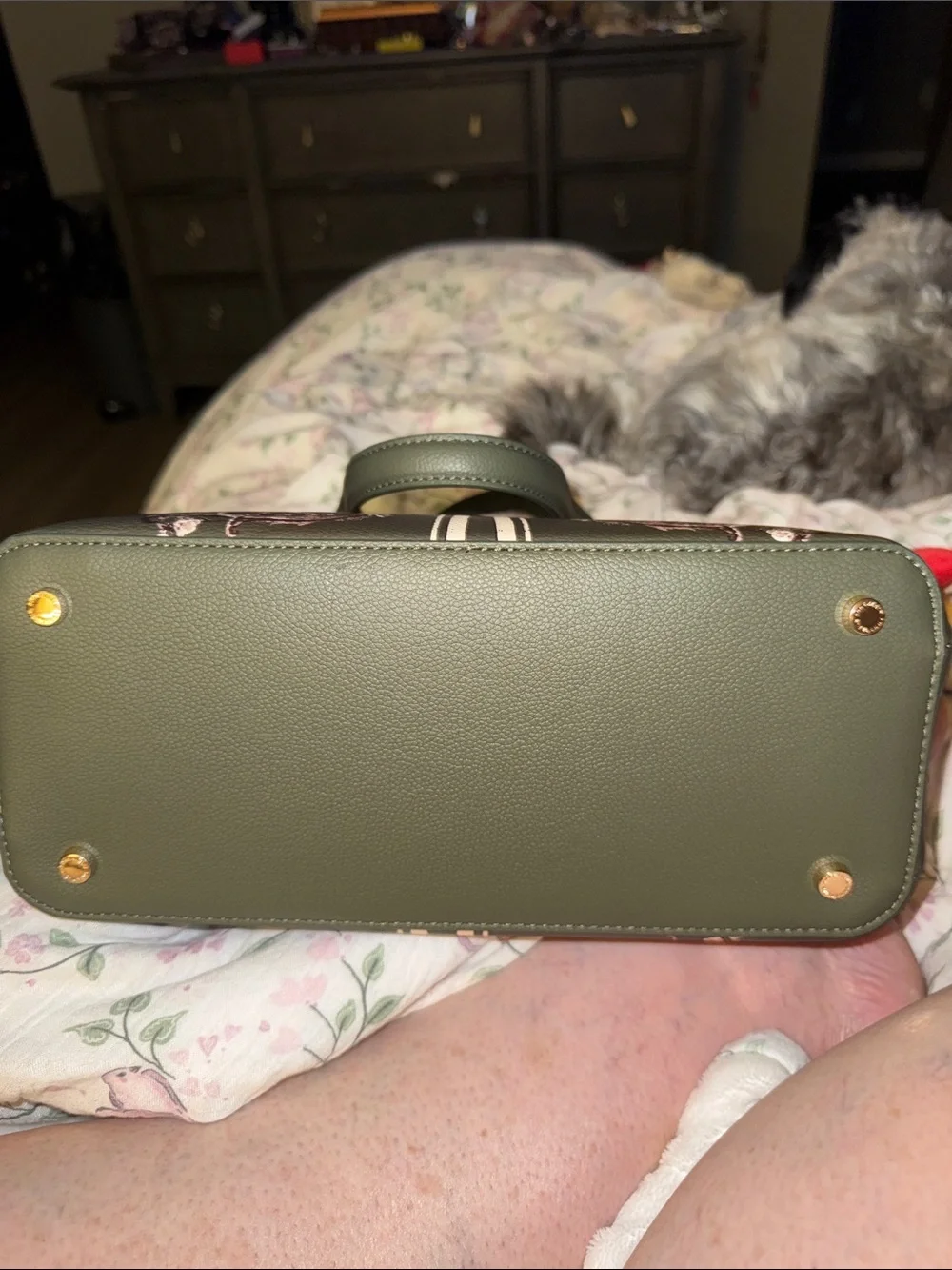 Anne Klein Olive Green Floral Satchel with Pink Accents